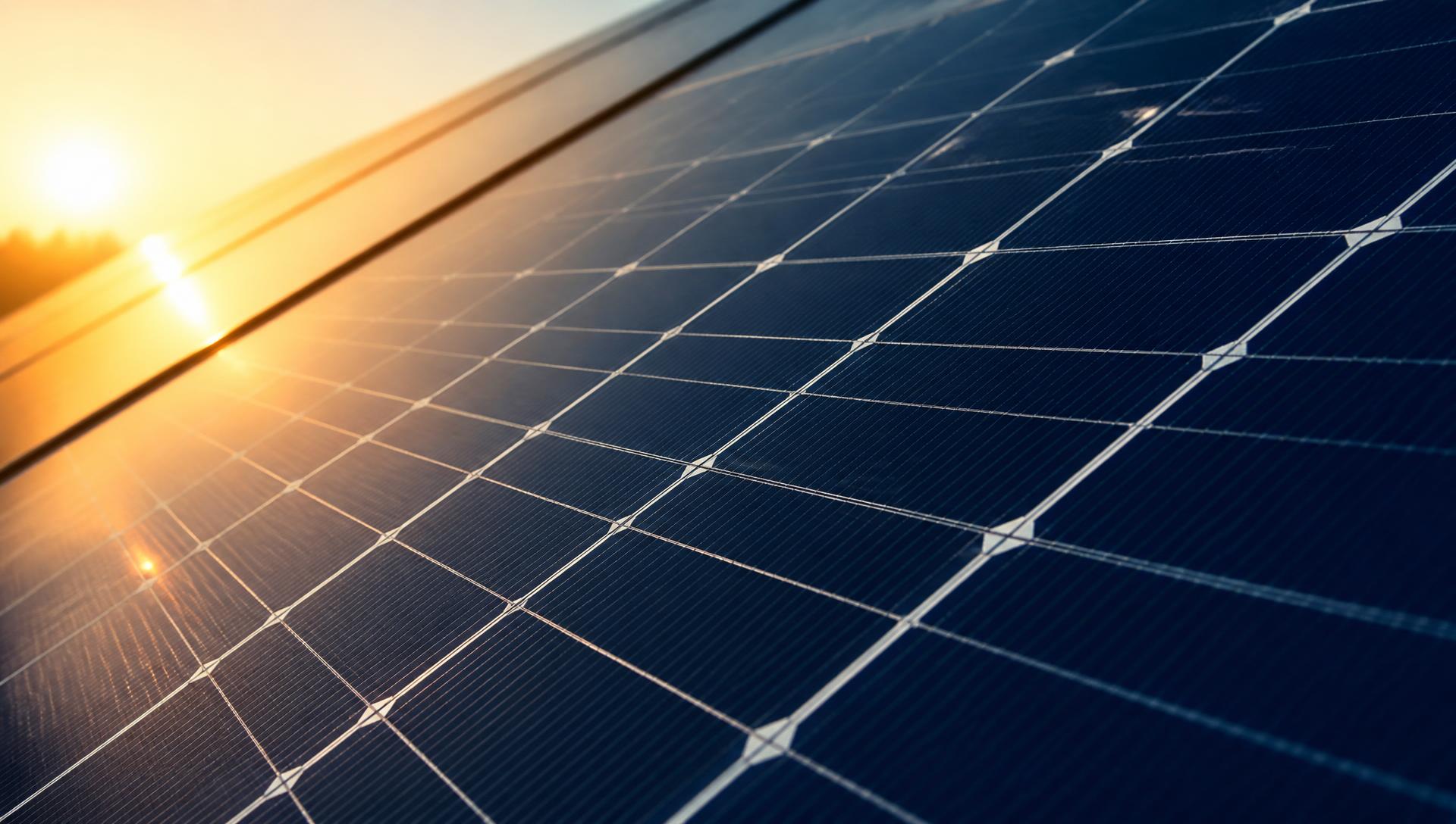 Close-up of solar panels with warm sun flare