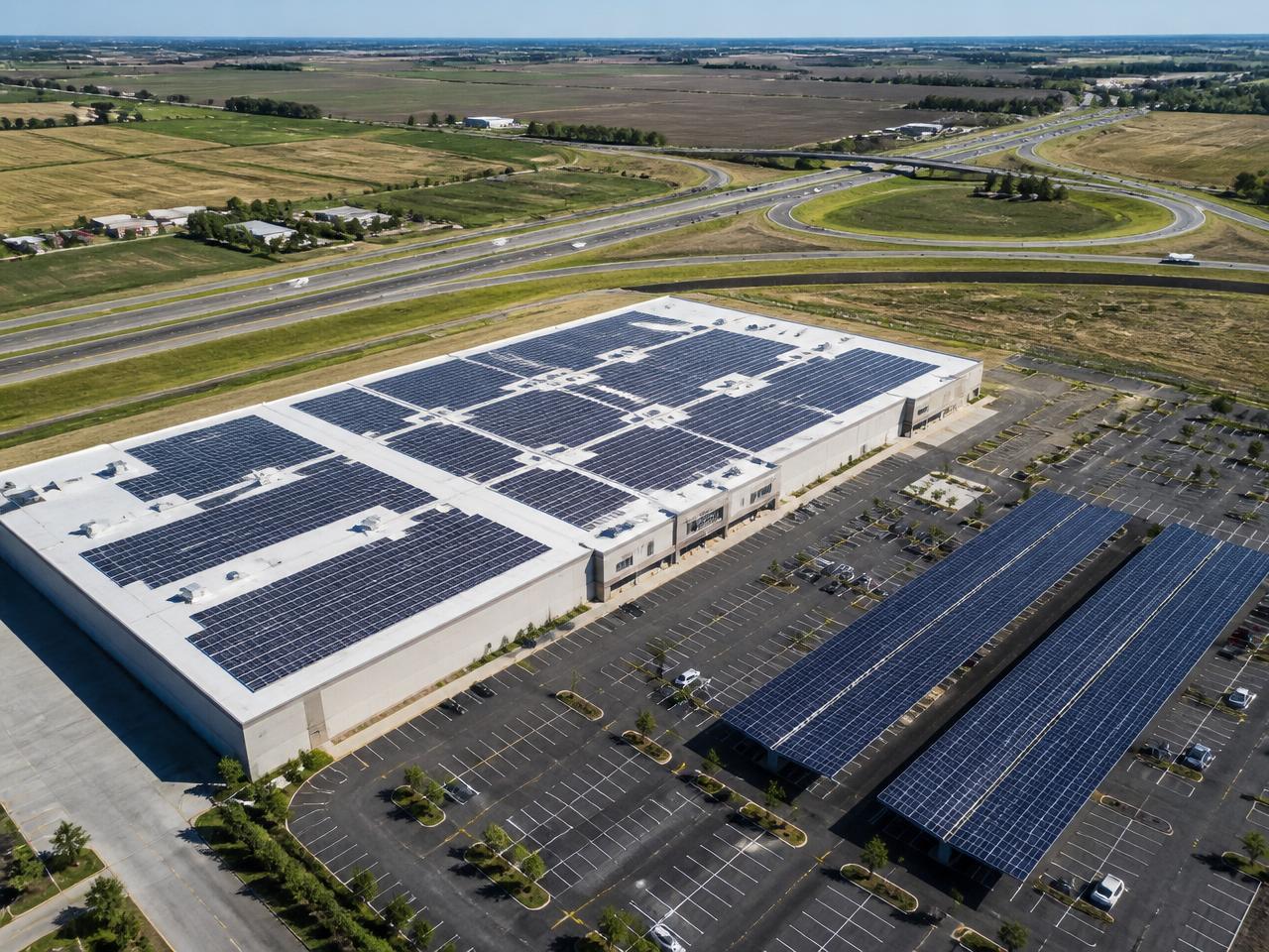 Aerial view of a mainland U.S. commercial rooftop solar array and solar carports beside inland farmland and highways