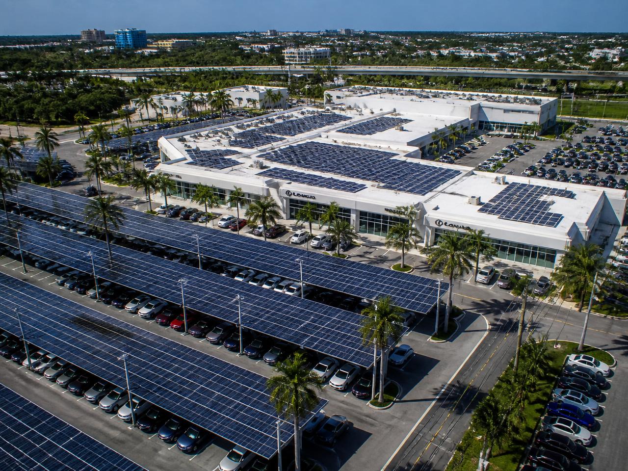 Aerial view of Tony Group Autoplex rooftop solar and solar carports
