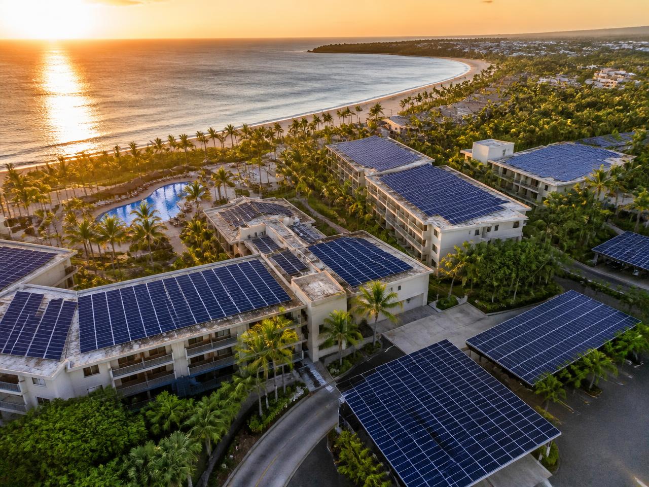 Aerial view of Royal Lahaina Resort rooftop solar and carports